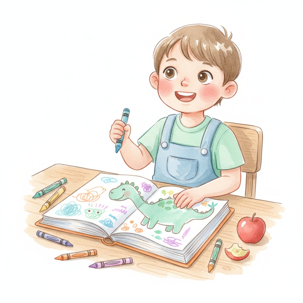 Child drawing a favorite dinosaur in a homemade research book