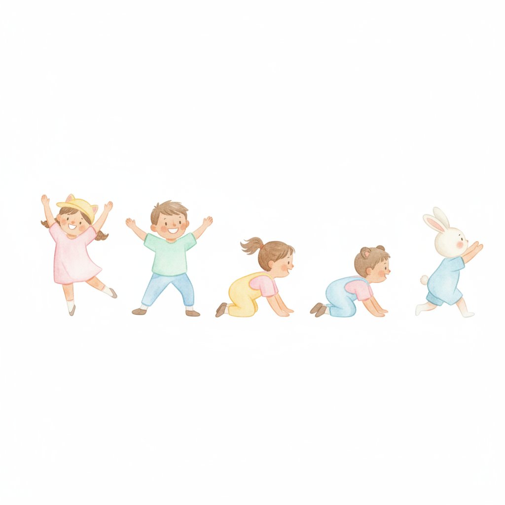 Children moving like animals in a playful transition parade