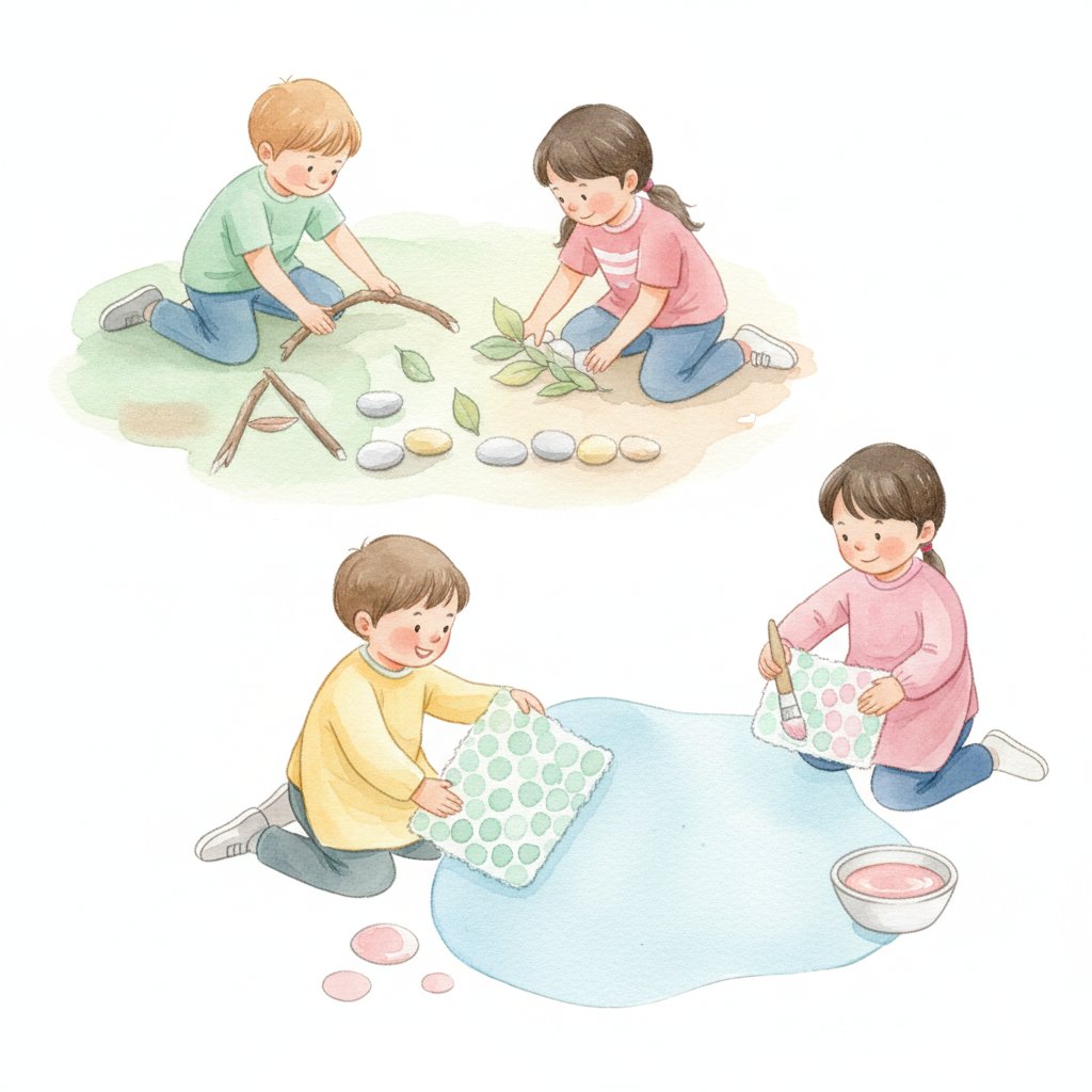 Children forming letters from sticks leaves and pebbles and bubble-wrap printing