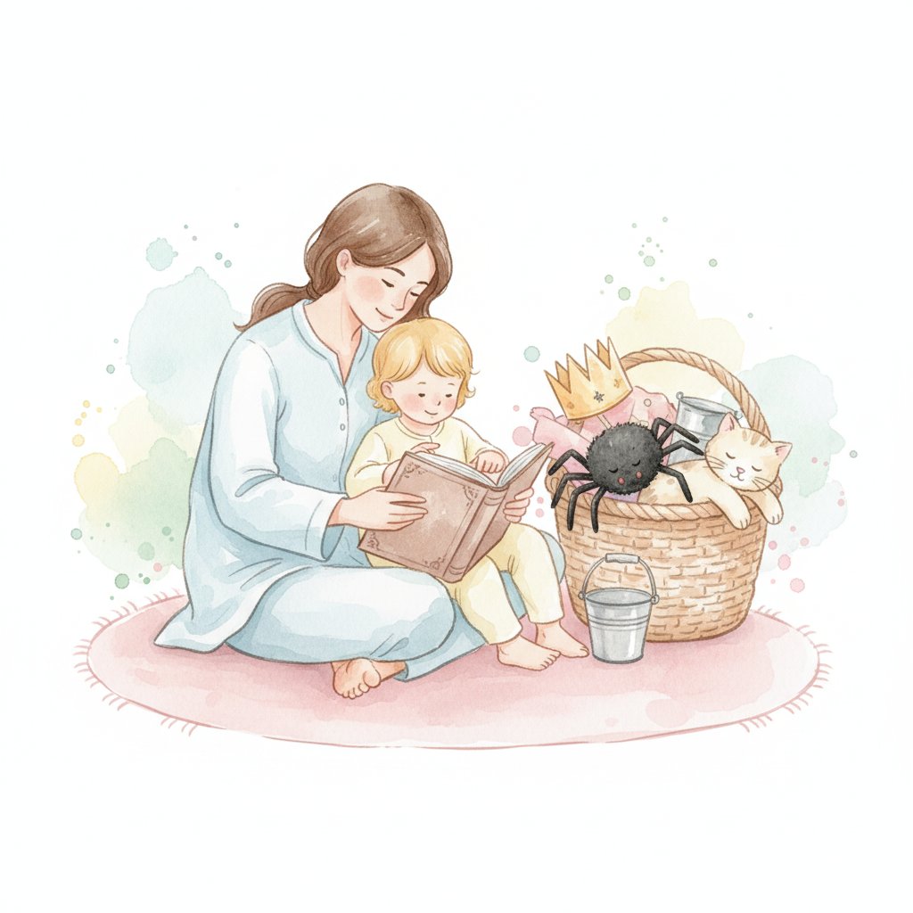 A basket of nursery rhyme props with a parent and child reading a rhyme book at bedtime