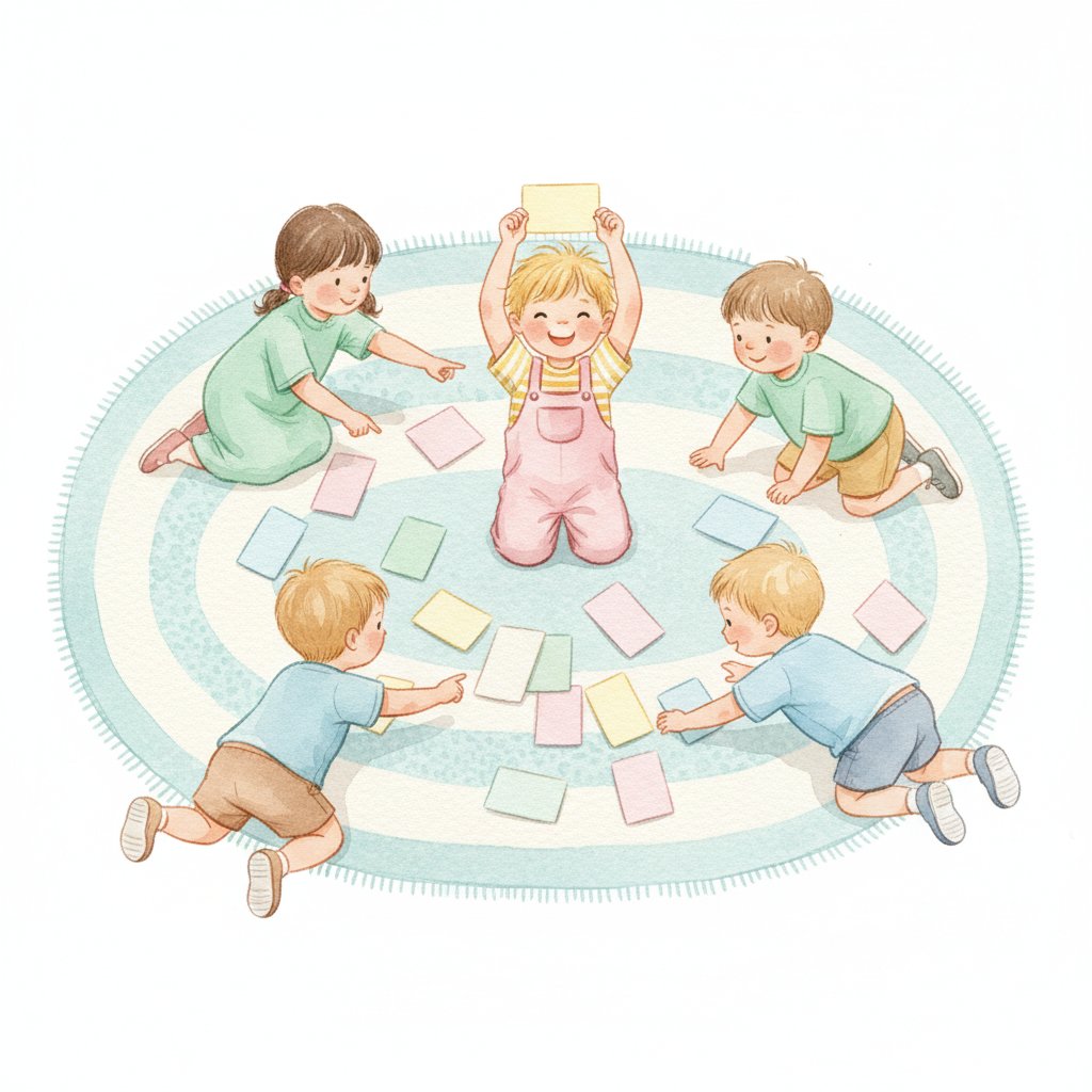 Children searching a classroom rug for their name cards, one holding a card up high
