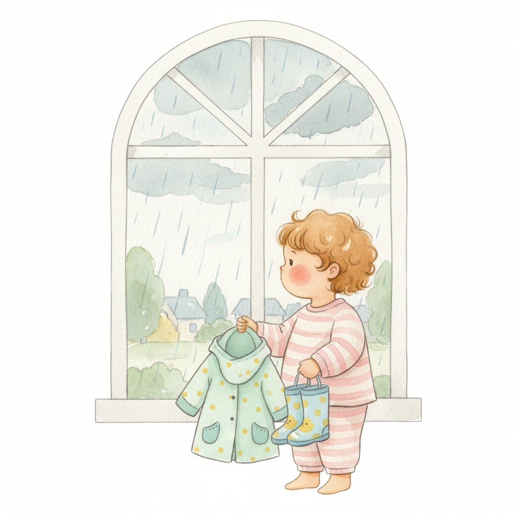 A child by a window choosing a raincoat for rainy weather