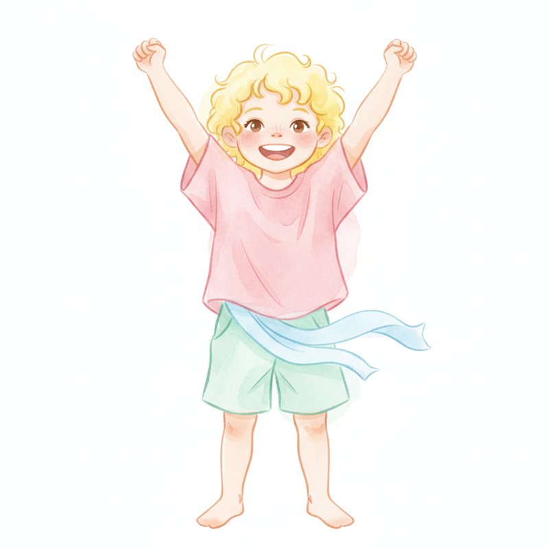 Watercolor of a confident child standing proudly with arms raised