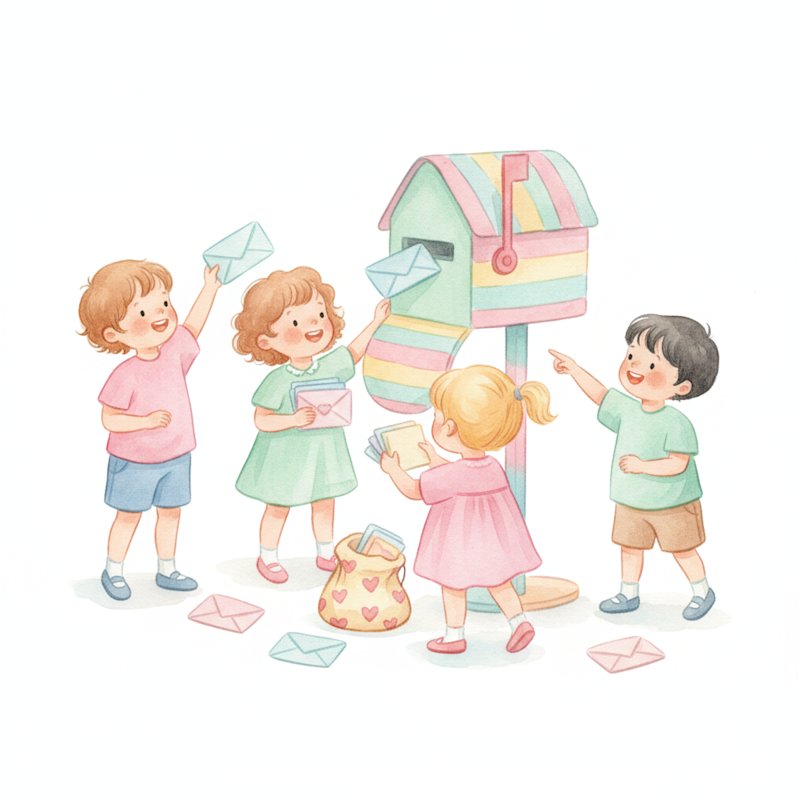 Watercolor illustration of children posting letters into a mailbox