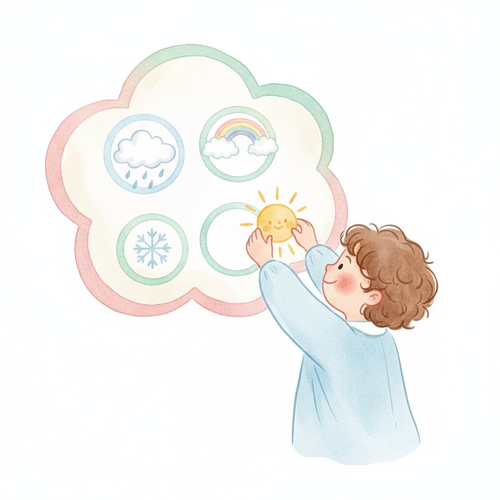 A child placing a sun marker on a daily weather chart