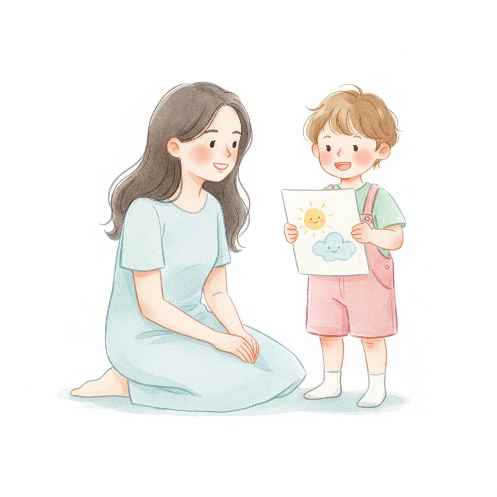 Watercolor illustration of a child proudly reading a card to a parent