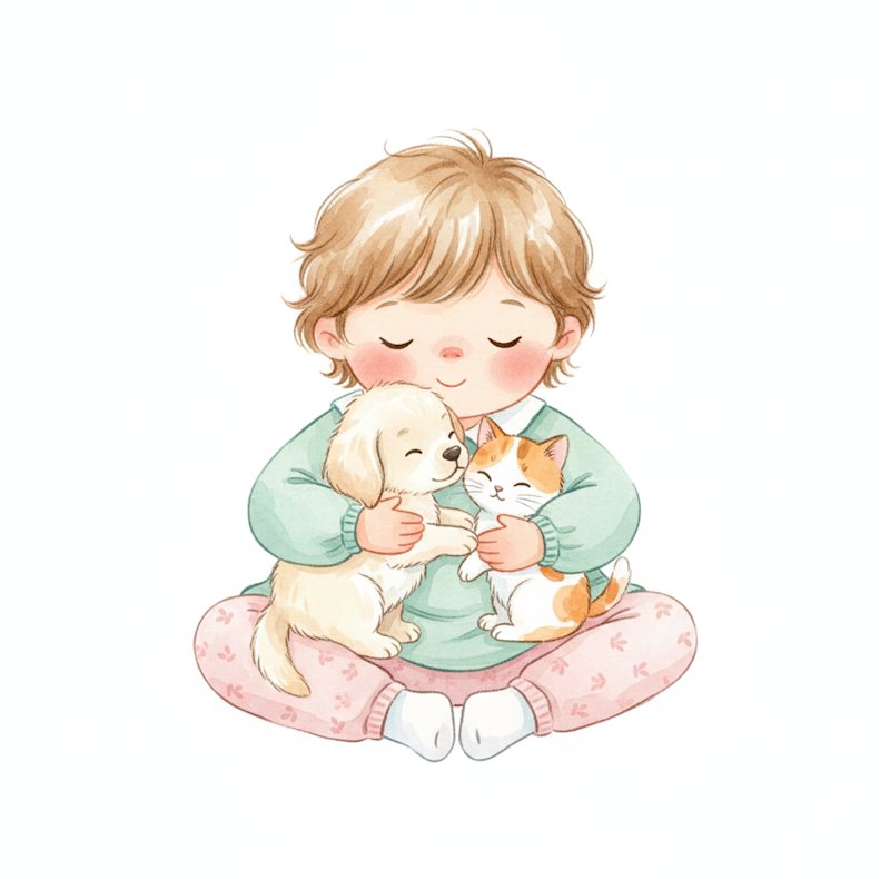 Watercolor illustration of a child gently cuddling a puppy and a kitten