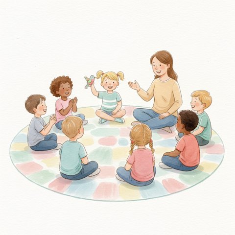 cheerful young children sitting in a circle on a colorful rug for morning meeting