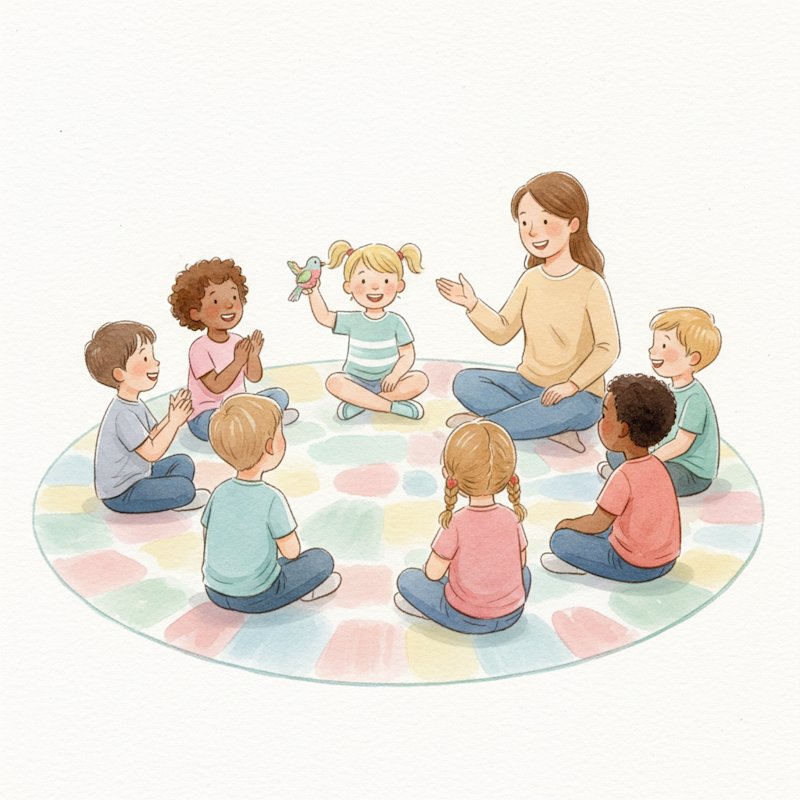 cheerful young children sitting in a circle on a colorful rug for morning meeting