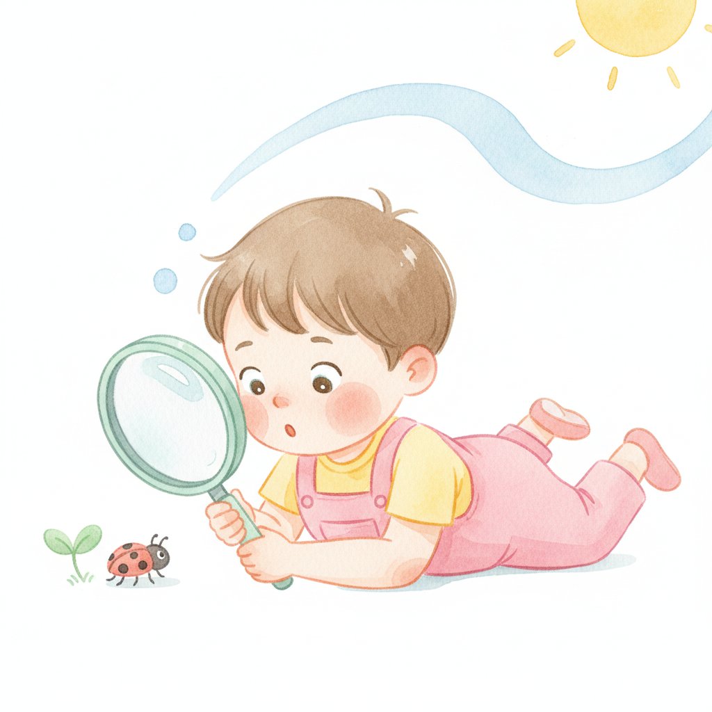 A curious young child observing a small object closely through a magnifying glass