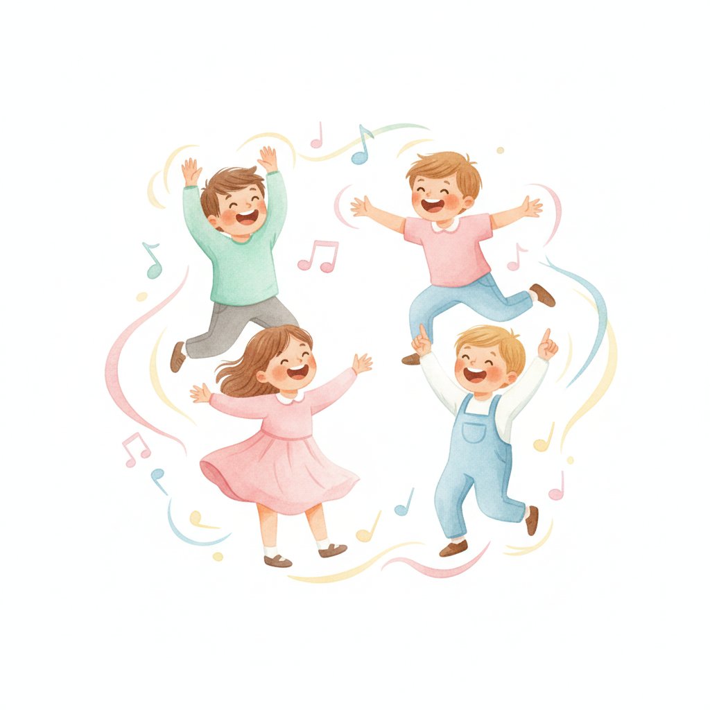 Cheerful children singing and dancing with hand motions in a circle