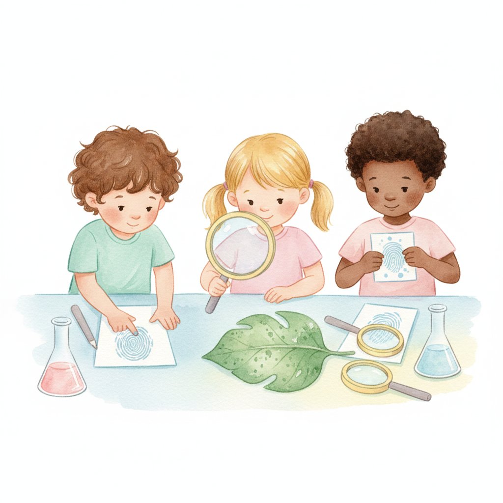 Children making fingerprints and examining a leaf with a magnifying glass