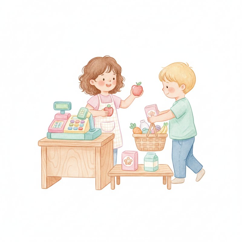 Watercolor of cheerful preschoolers running a pretend grocery store with cash register and basket