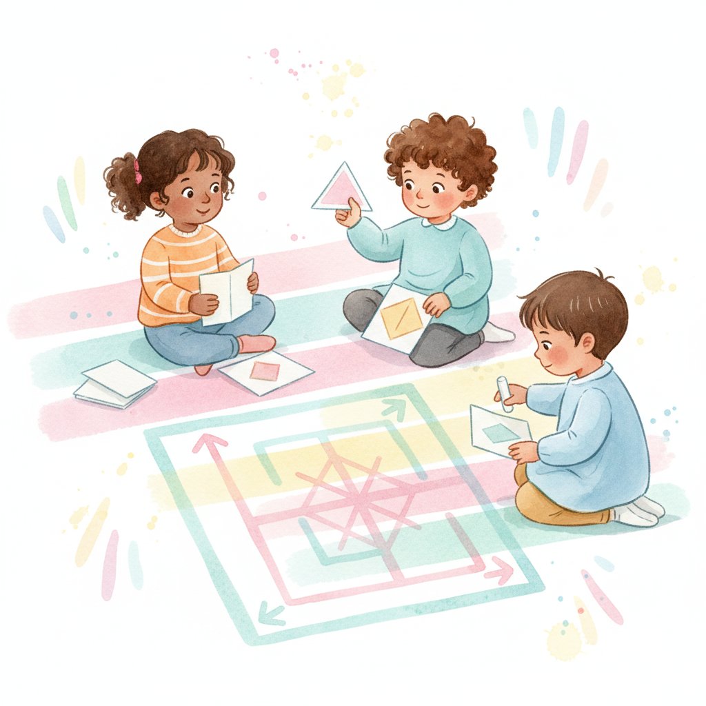 Children folding paper shapes and solving a chalk floor maze