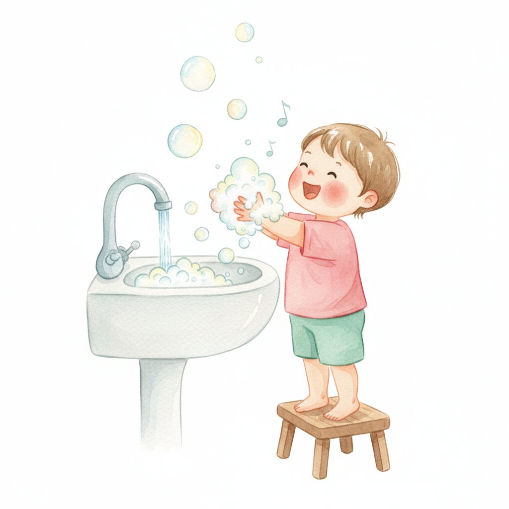 Watercolor illustration of a child washing hands with soap bubbles while singing