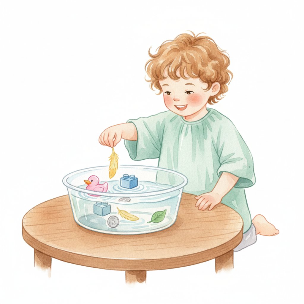 A young child dropping objects into a clear tub of water to test sink or float