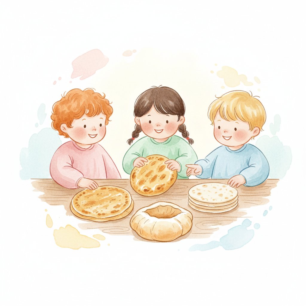 Watercolor of cheerful preschoolers comparing different breads from around the world