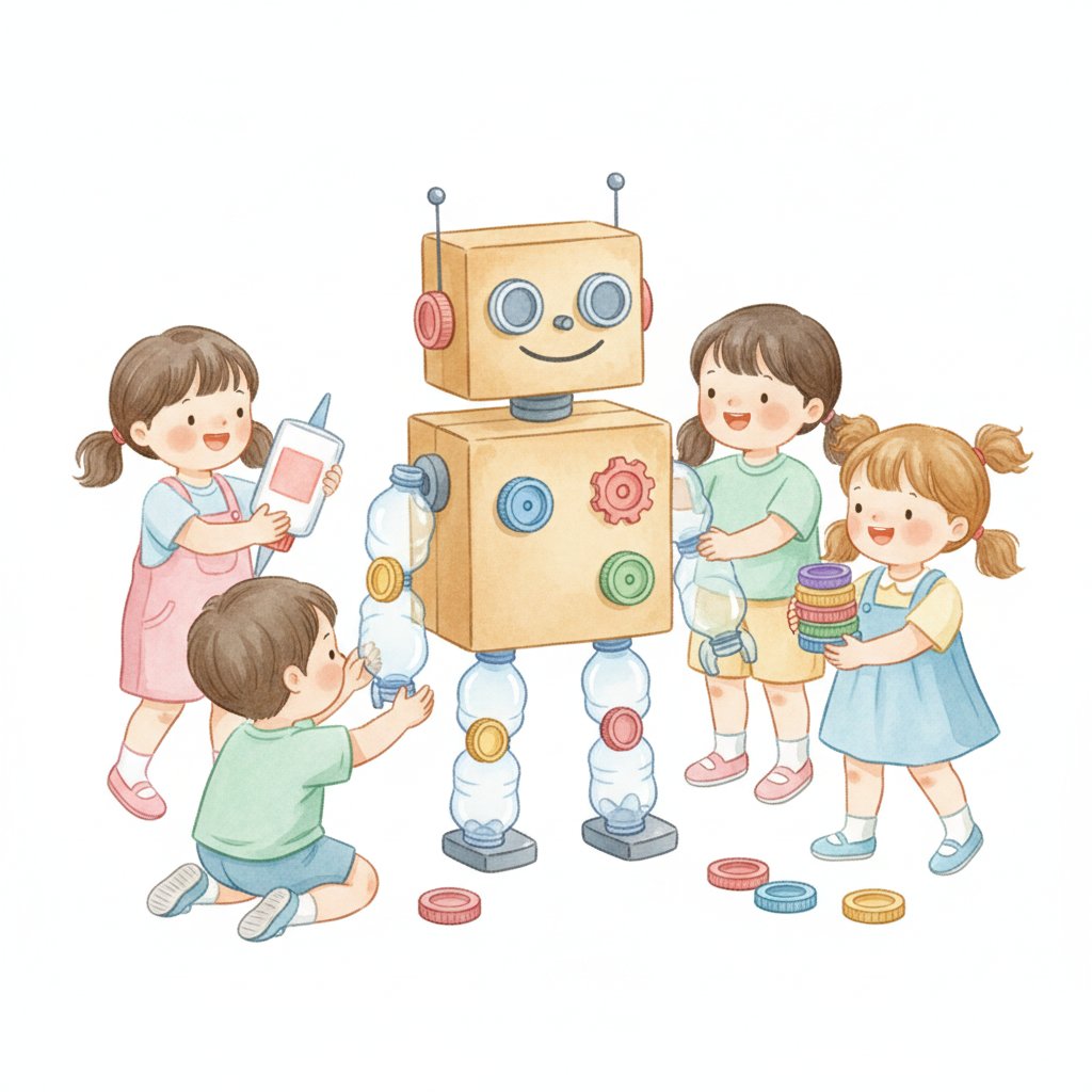 Children building a robot from recycled boxes and bottles