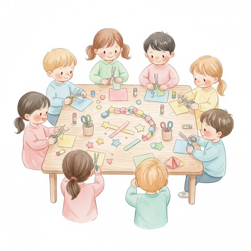 Watercolor illustration of cheerful young children at a craft table cutting colorful paper shapes with safety scissors