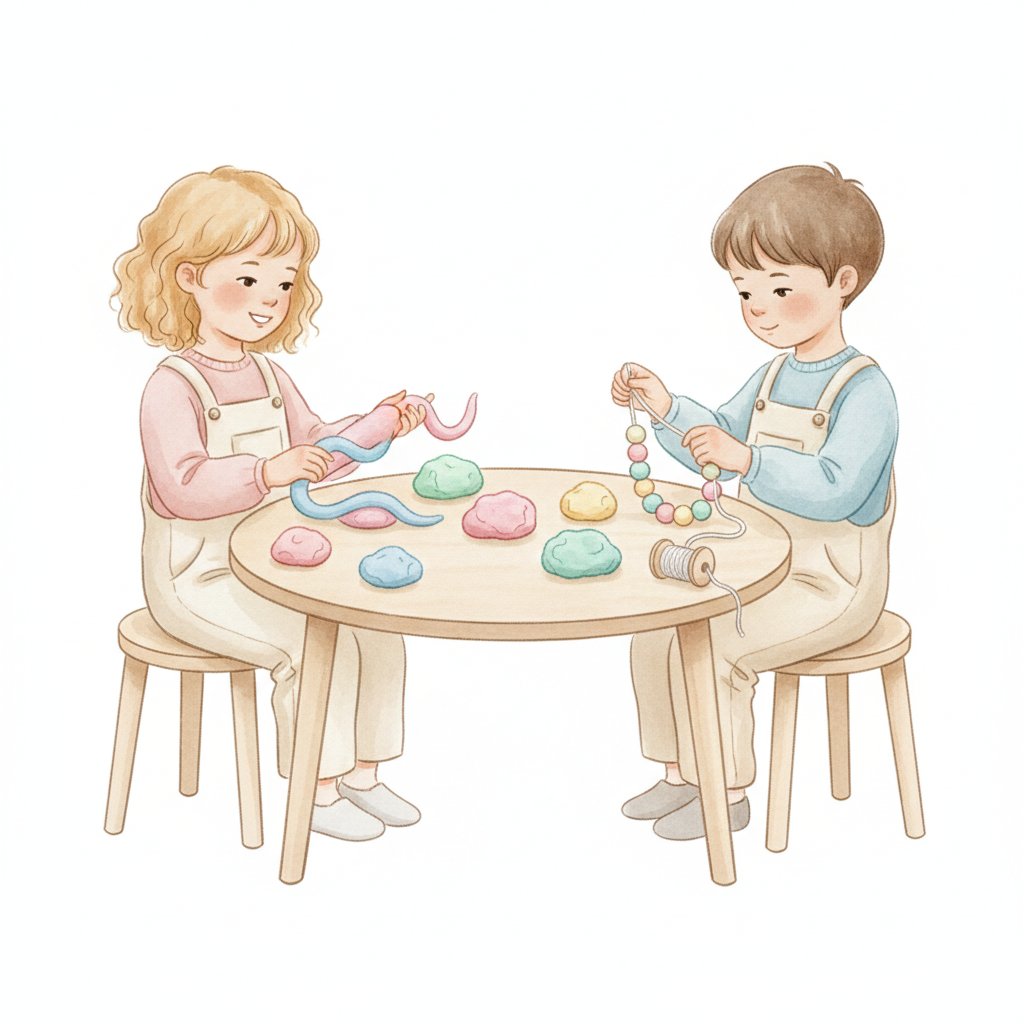 Children rolling play dough snakes and stringing beads at a table