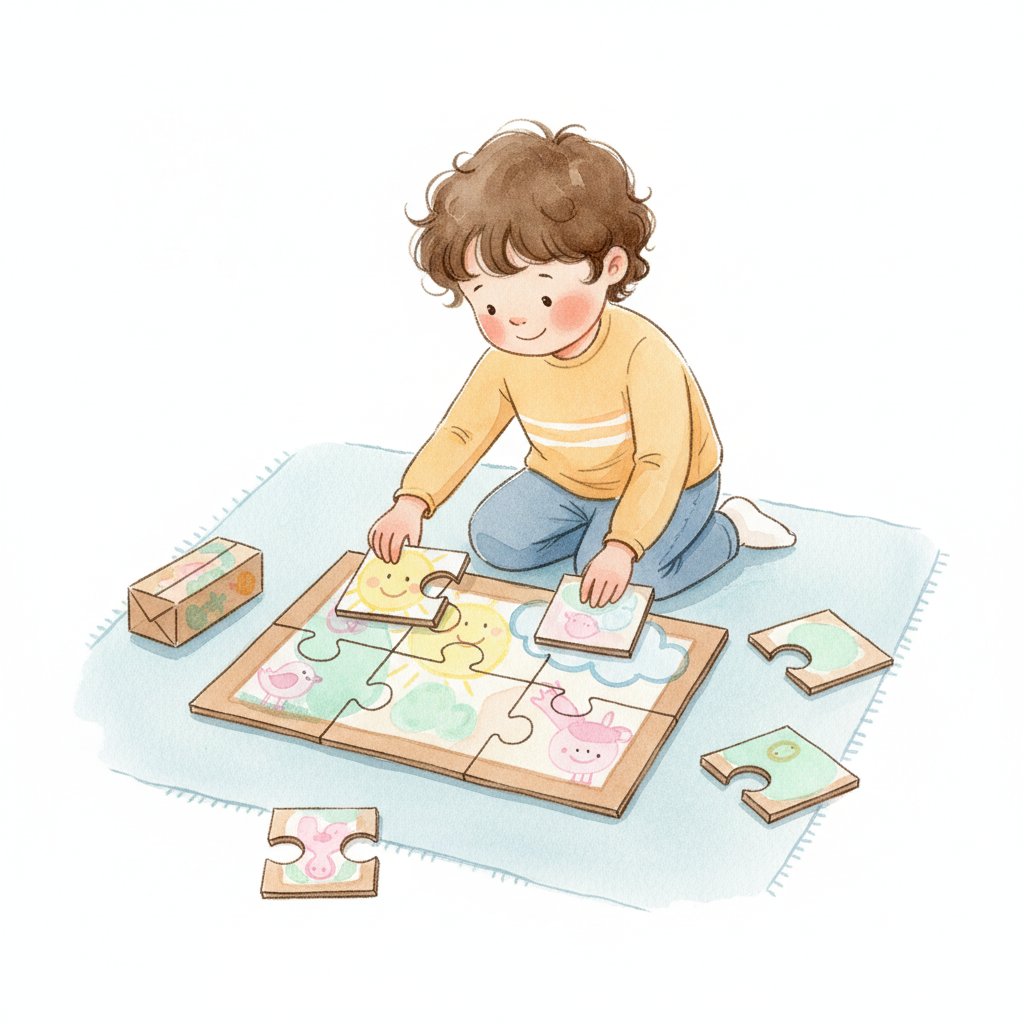 Watercolor illustration of a child assembling a homemade cardboard picture puzzle