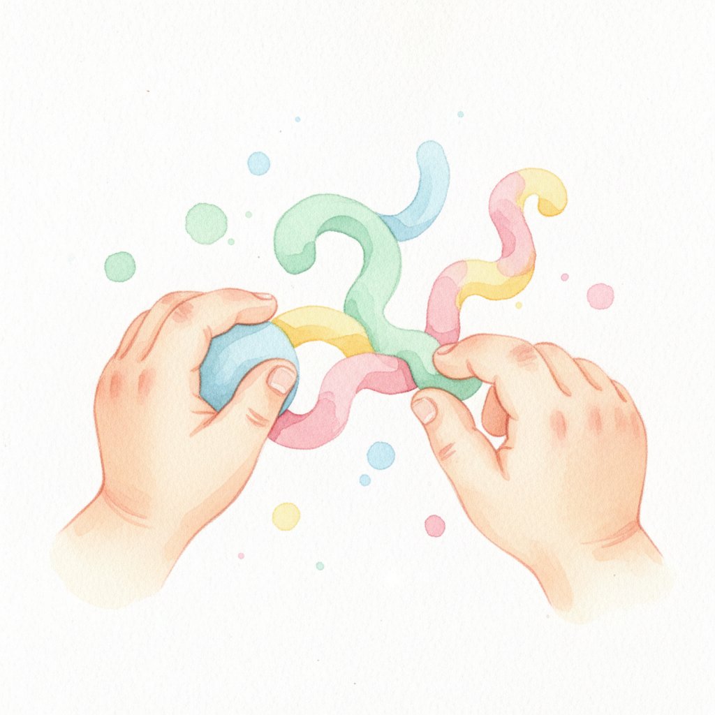 A child's little hands pinching and pressing to build finger strength, soft watercolor