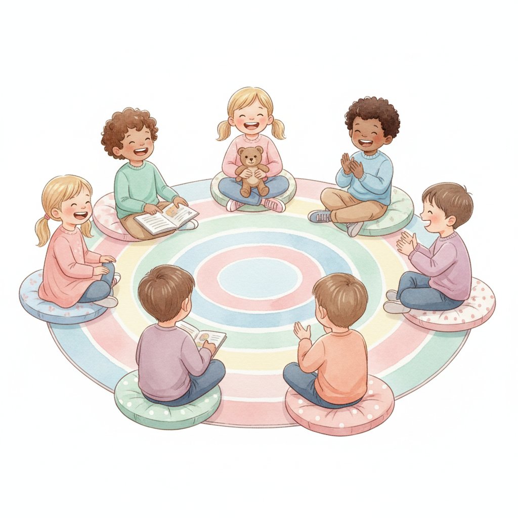 a cozy circle-time rug with cushions and happy seated children
