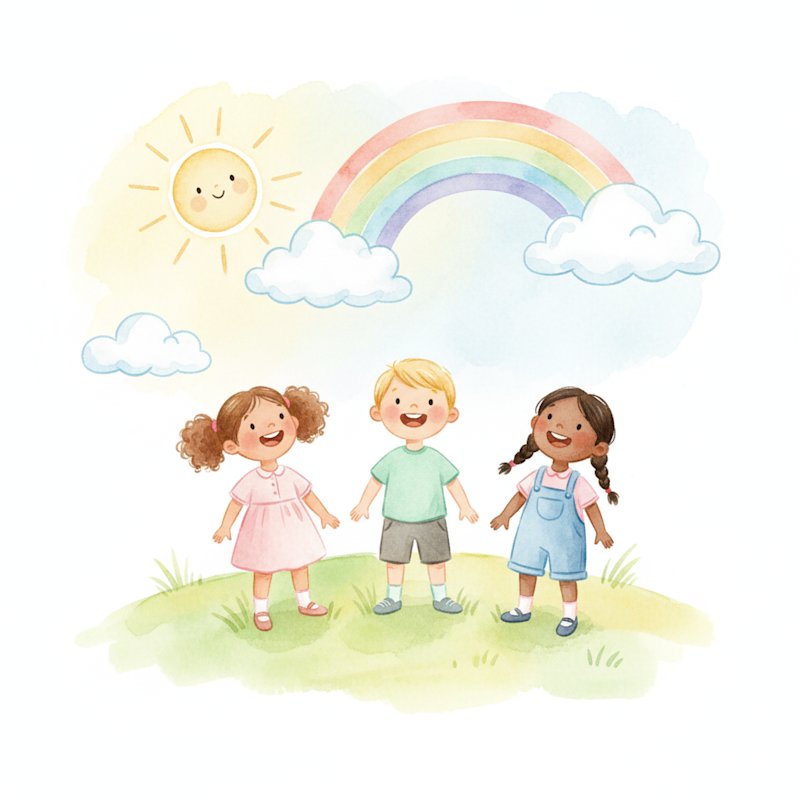 Watercolor illustration of cheerful children outdoors under a sunny sky with rainbow and clouds
