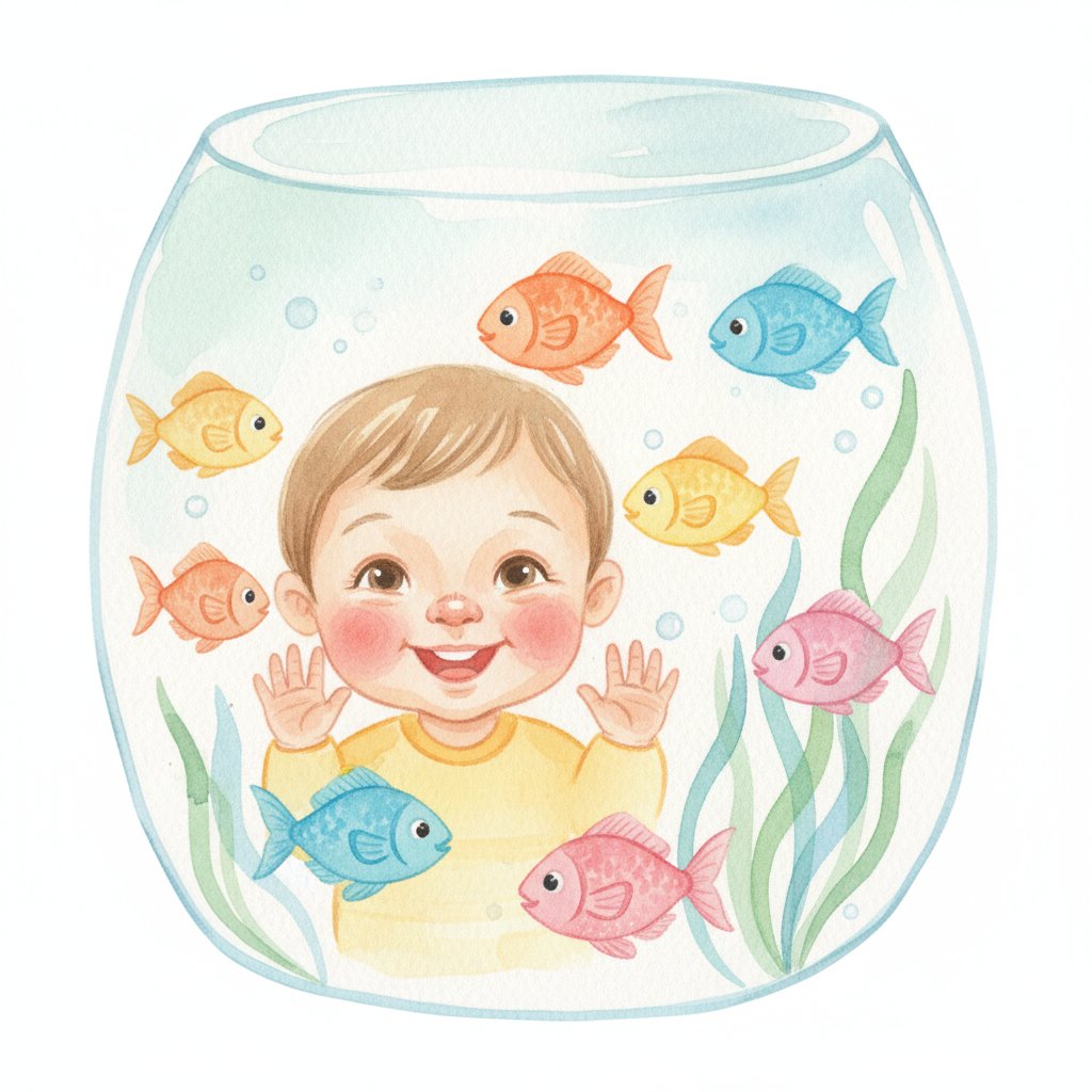 Toddler watching bright fish swim in a home aquarium