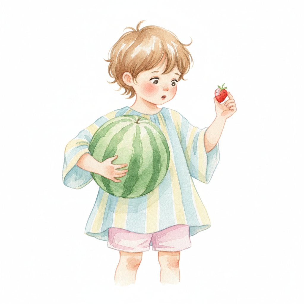 A child comparing a big watermelon and a tiny strawberry