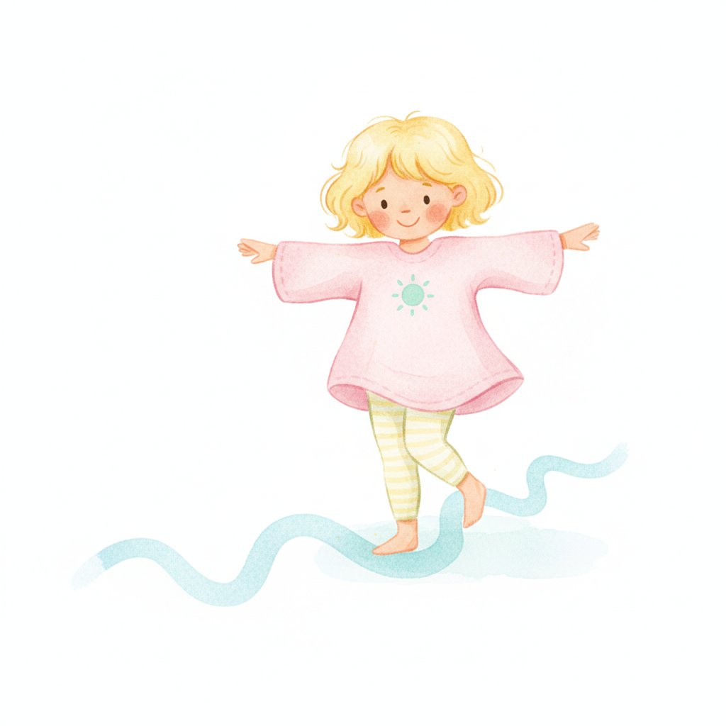 Watercolor illustration of a child walking heel-to-toe on a line, practicing balance