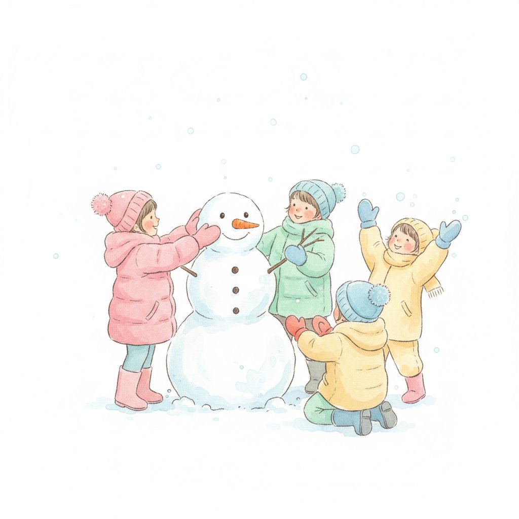 Watercolor illustration of preschoolers in winter coats building a snowman and catching snowflakes