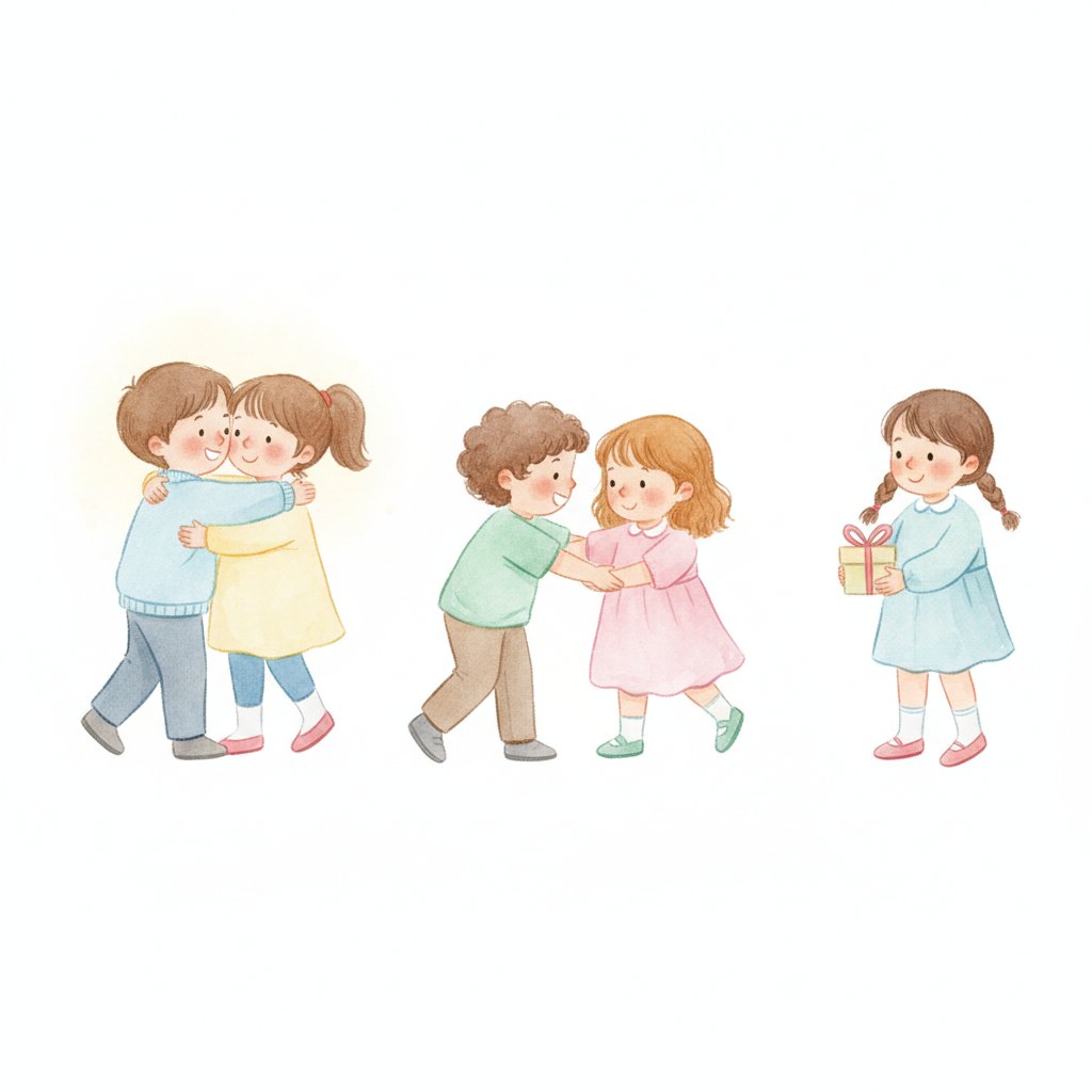 Children doing kind acts, helping, hugging, and giving