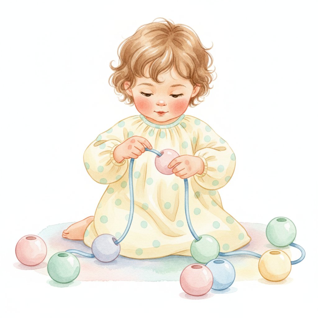 A child threading large wooden beads onto a shoelace with both hands, soft watercolor
