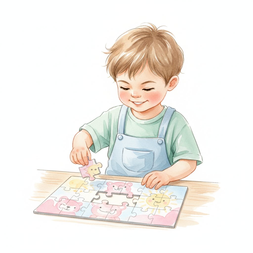 A focused child persevering on a jigsaw puzzle