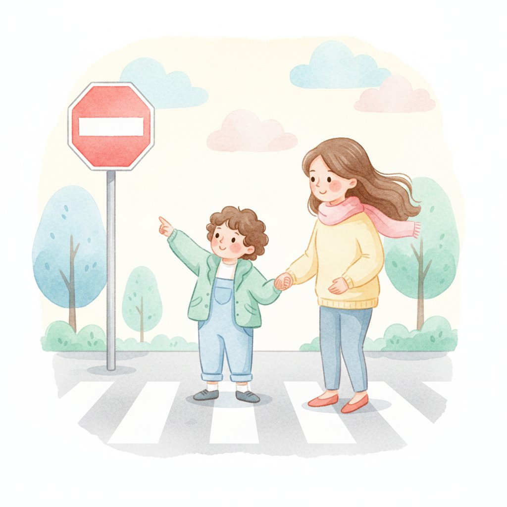 Child recognizing a familiar word on a sign outdoors