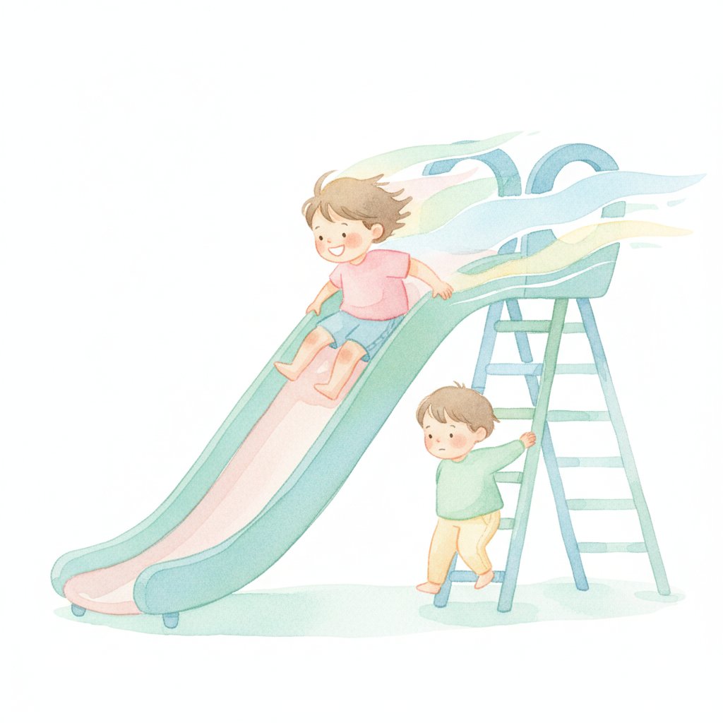 Watercolor illustration of a child sliding fast while another slowly climbs the slide ladder