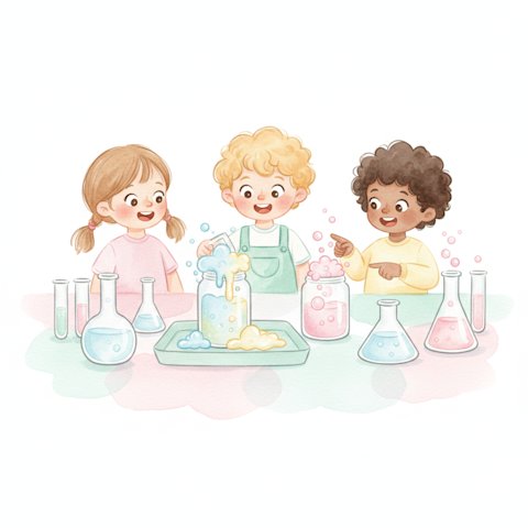 Young children doing a colorful bubbling science experiment with wonder, soft watercolor