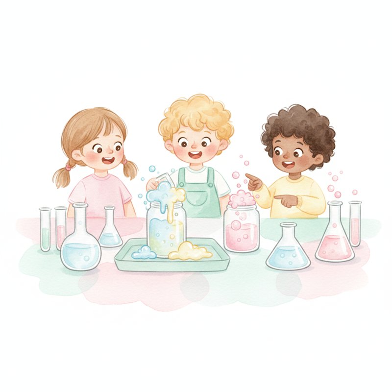 Young children doing a colorful bubbling science experiment with wonder, soft watercolor