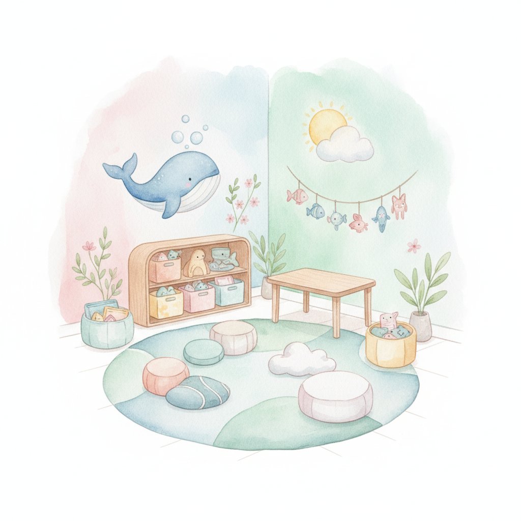 a playful themed classroom corner with gentle nature and ocean decorations