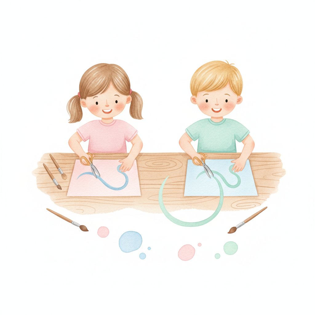 Two children cutting along gentle wavy curved lines on paper