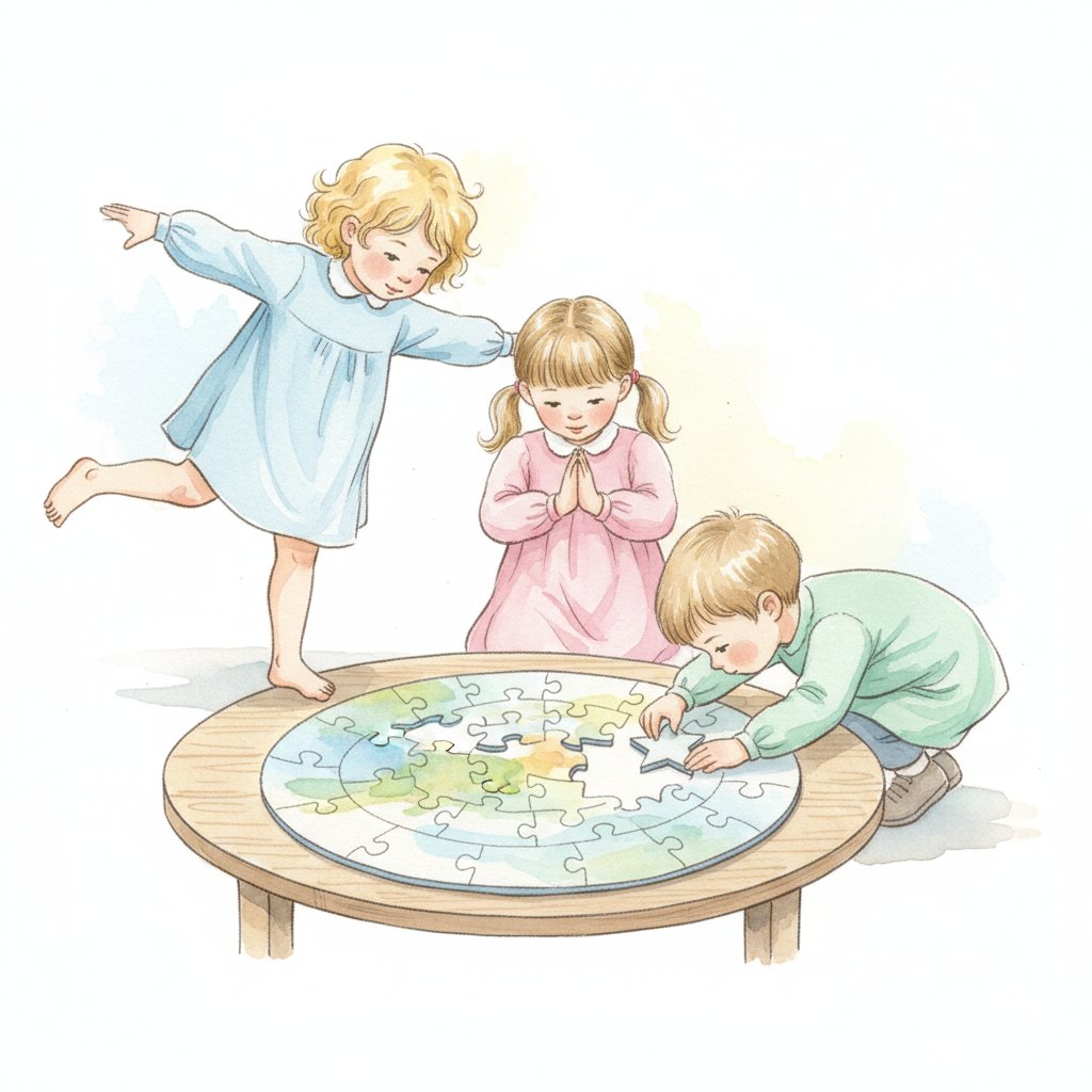 Watercolor of cheerful preschoolers holding a statue pose and focusing on a puzzle