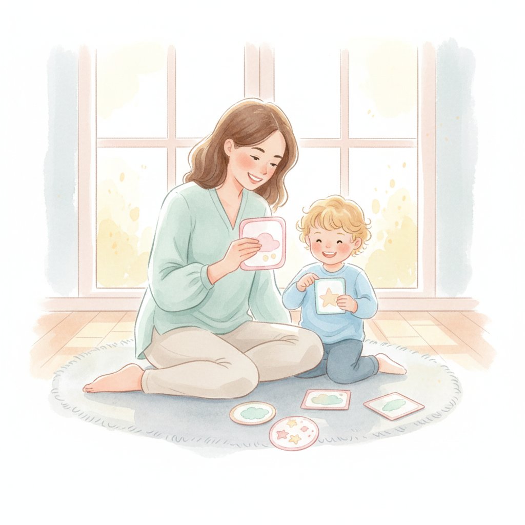 A parent and young child enjoying a short happy daily card practice by a sunny window