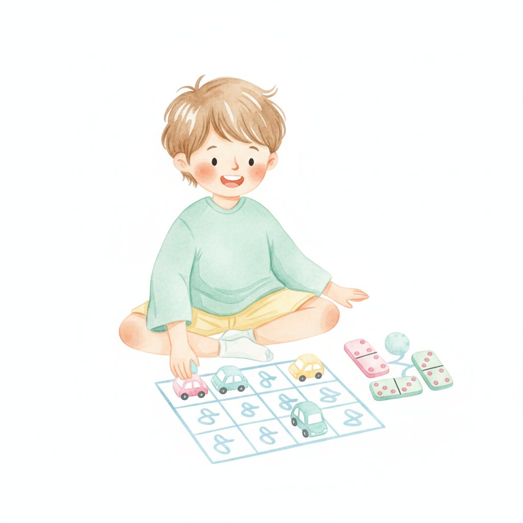 A child parking toy cars in a paper grid and matching dominoes by their dots