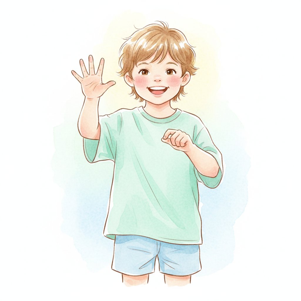 An enthusiastic child holding up fingers and counting on the other hand