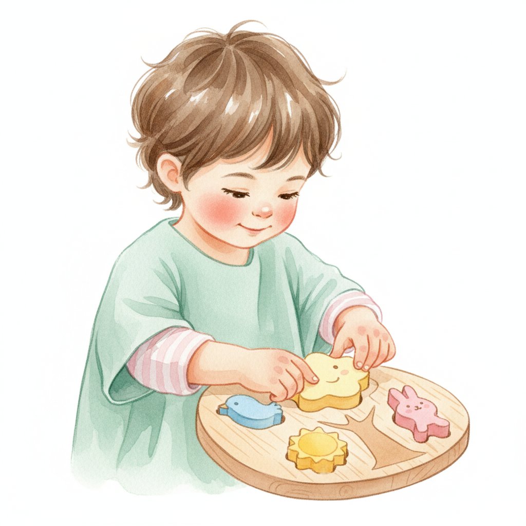 Watercolor illustration of a child carefully fitting a wooden puzzle piece into place