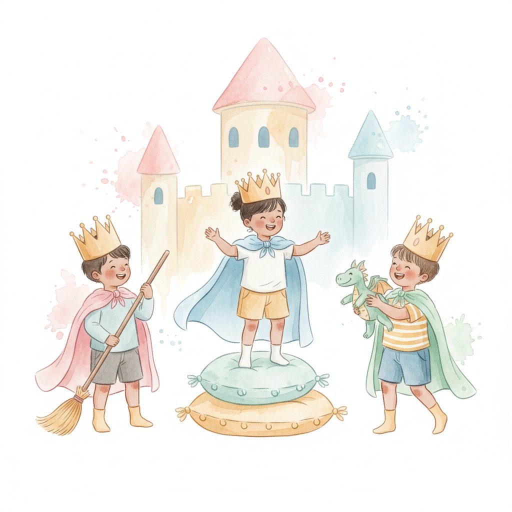 preschoolers acting out a friendly castle adventure with dress-up capes