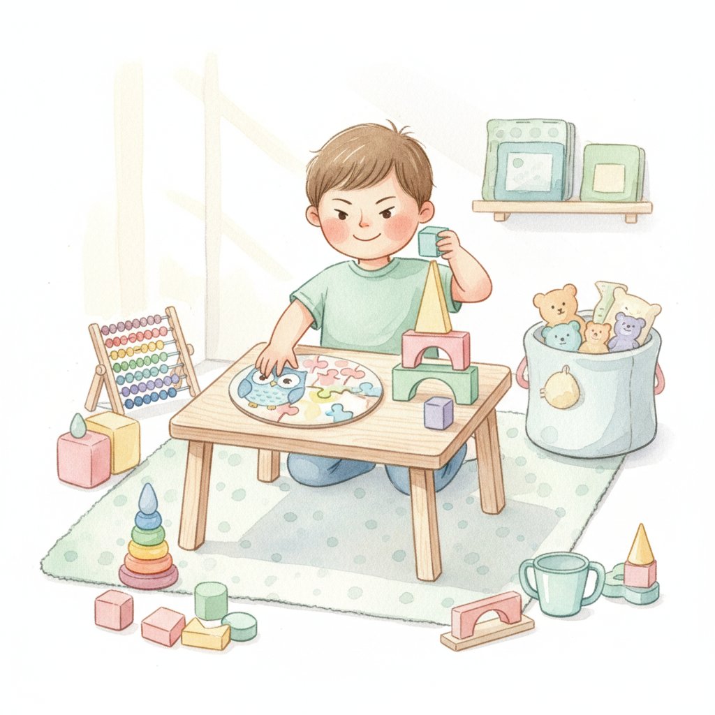A confident child doing a puzzle and building blocks, ready for kindergarten
