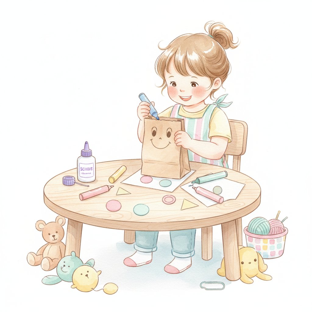 Watercolor illustration of a young child making a paper bag puppet with markers and glue