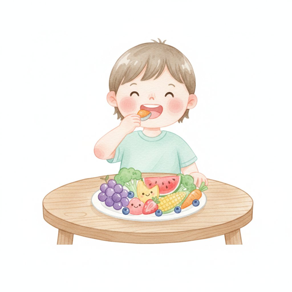 Watercolor illustration of a child eating a plate of colorful rainbow fruits and vegetables